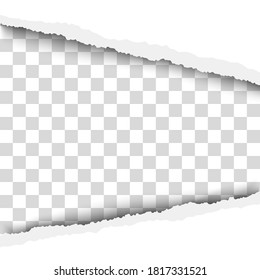 Torn, snatched window with transparent background in sheet of vector white paper.