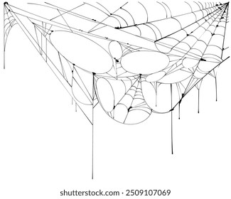 Torn spider web hanging on white background template greeting postcard halloween. Vector isolated