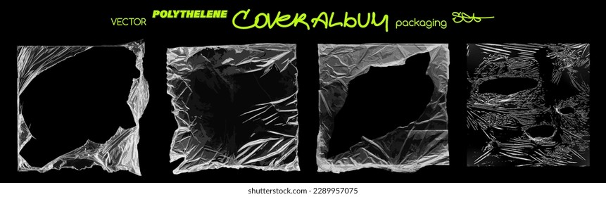 Torn square templates, polyethylene covers for cd discs and vinyl. Album cover texture, damaged and torn. Square overlay mockups for album cover - CD, vinyl. Overlay polyethylene package. Vector set