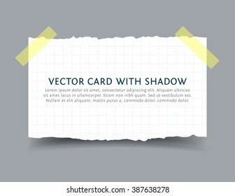 Torn squared Paper sheet with scotch tape pieces and shadow. Realistic vector ragged paper card with ripped edges. Mock up with space for your text. 