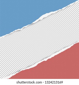 Torn squared red and blue paper in corners are on white background with space for text. Vector illustration