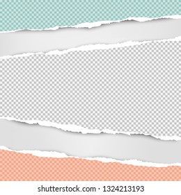 Torn squared white, green, pink horizontal paper strips are on grey background with space for text. Vector illustration