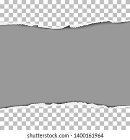 Torn strip from the middle of a transparent sheet of paper. Gray background of resulting window. Paper template vector.