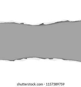 Torn strip from the middle of a white sheet of paper with dark gray resulting background. Template vector design.