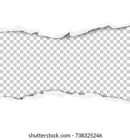 Torn strip from the middle of a white sheet of paper. Transparent background of the resulting hole for text, ad and other aims. Vector illustration.