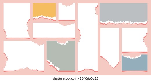 Torn Strips of white and colored paper of different sizes. Large set of torn paper sheets. Popular background for notes, social networks, stories, messages, scrapbooking. Vector illustration