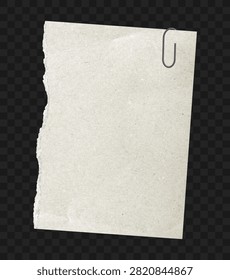 Torn textured paper fragment with clip. Torn craft beige paper note with ripped edge and paperclip. Isolated on transparent background. Vector illustration.