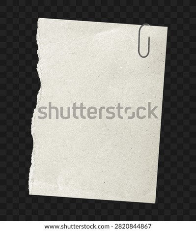 Torn textured paper fragment with clip. Torn craft beige paper note with ripped edge and paperclip. Isolated on transparent background. Vector illustration.