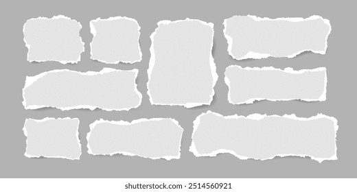 Torn Textured Paper pieces set. Paper sheet with Ripped edges. Blank Frame. Abstract Scraps shape with scratched Grainy texture. Element for notes banner collage text box social media Design