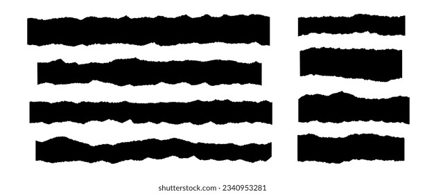Arrojar papeles delgados y largos. Tiras de papel de corte negro con bordes dentados. Colección de fragmentos horizontales arrancados. Conjunto de elementos de grunge texturizado para collage, cuadro de texto, pancarta, pegatina. Vector