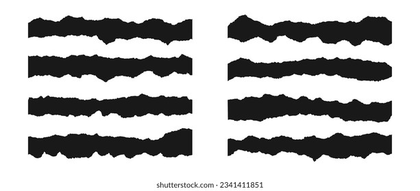 Torn thin and long pieces of paper set. Black cutout paper strips with jagged edges. Ripped horizontal fragment collection. Textured grunge element bundle for collage, textbox, banner, sticker. Vector