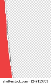 Torn from top to bottom vertical sheet of red A4 paper on transparent background. Vector paper template.