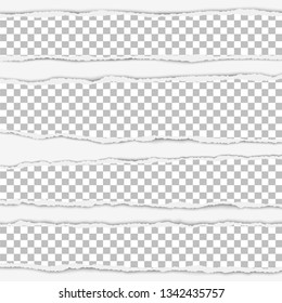 Torn transparent paper stripes that can be painted in any color, with shadow placed on white background. Vector realistic ripped paper notes. Paper mock up.