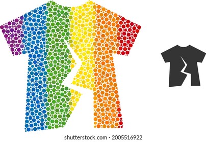 Torn t-shirt collage icon of spheric dots in variable sizes and rainbow colored shades. A dotted LGBT-colored torn t-shirt for lesbians, gays, bisexuals, and transgenders.