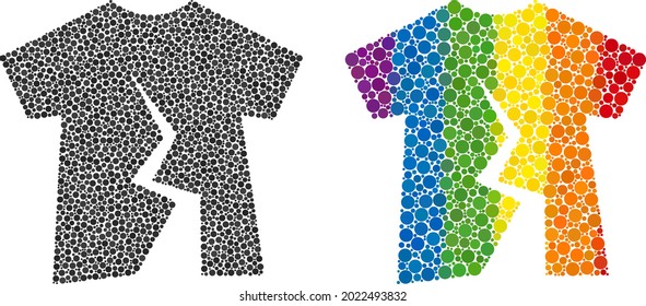 Torn t-shirt composition icon of round items in various sizes and rainbow colored color hues. A dotted LGBT-colored torn t-shirt for lesbians, gays, bisexuals, and transgenders.