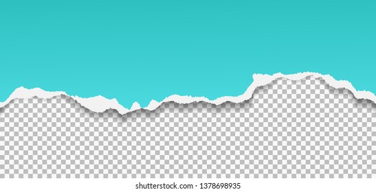 Torn turquoise horizontal paper strip with soft shadow is on squared background. Vector illustration