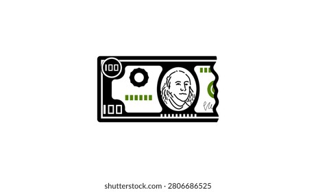 Torn US dollar bill, black isolated vector silhouette