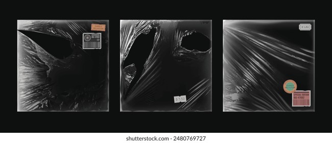 Torn vinyl cd album cover overlay for music record on black background. Vintage worn plastic wrap package design mockup. Transparent retro abstract tear disk pack template set. Rough poster border