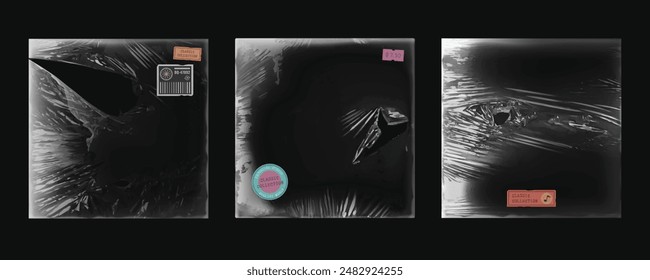 Torn vinyl cd album cover overlay for music record on black background. Vintage worn plastic wrap package design mockup. Transparent retro abstract tear disk pack template set. Rough poster border