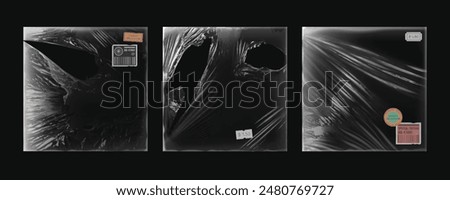 Torn vinyl cd album cover overlay for music record on black background. Vintage worn plastic wrap package design mockup. Transparent retro abstract tear disk pack template set. Rough poster border