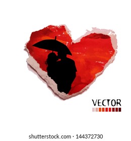 torn watercolor red heart. silhouette kiss heart