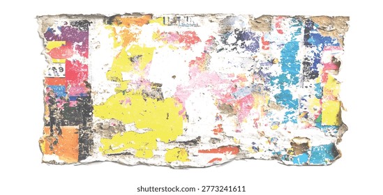 Torn weathered paper with peeling paint and layers of colorful posters on a white background