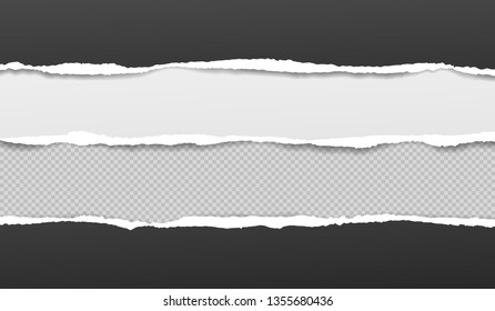 Torn white and black horizontal paper strips with soft shadow are on grey squared background. Vector illustration