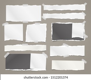 Torn white and black note, notebook paper pieces stuck with sticky tape on brown background. Vector illustration