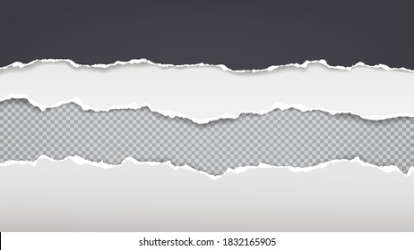 Torn of white, black paper strips, pieces are on transparent, squared background for text, advertising or design. Vector illustration