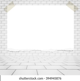 Torn white blank billboard paper is stuck on brick wall