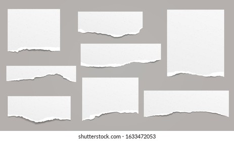 Torn white blank and grainy note, notebook paper strips, pieces stuck on grey background. Vector illustration