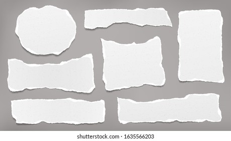 Torn white blank and grainy note, notebook paper strips, pieces stuck on grey background. Vector illustration