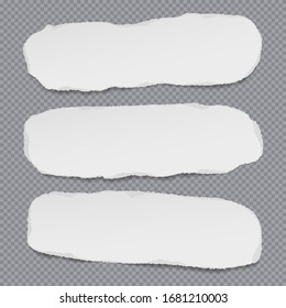Torn white blank and grainy note, notebook paper strips, pieces stuck on grey background. Vector illustration