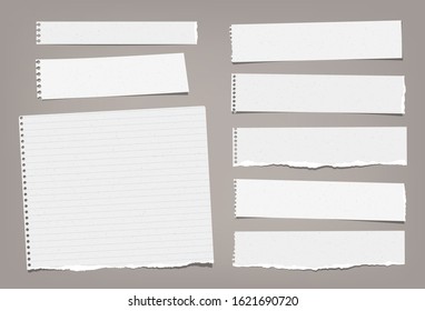 Torn white blank and lined note, notebook paper strips, pieces and sheeds stuck on brown background. Vector illustration