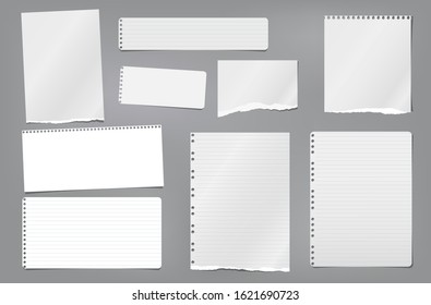 Torn white blank and lined note, notebook paper strips, pieces and sheeds stuck on dark grey background. Vector illustration