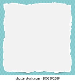 Torn white blank note, notebook paper stuck on turquoise squared background