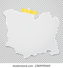 Torn, white and blank sheet of paper for text, stuck with sticky tape on squared background.
