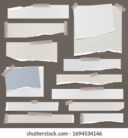 Torn of white, blue note, notebook paper strips, pieces stuck with sticky tape on brown background. Vector illustration