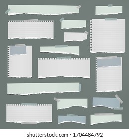 Torn Of White, Blue Note, Notebook Paper Strips, Pieces Stuck With Sticky Tape On Green Background. Vector Illustration