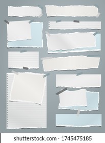 Torn white and blue note, notebook paper strips and pieces stuck on grey background. Vector illustration