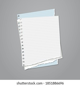 Torn of white and blue stacked lined note, notebook paper are on grey background for text, advertising or design. Vector illustration