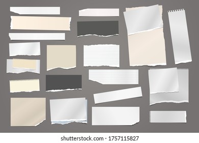 Torn white and brown note, notebook paper strips and pieces stuck on dark grey background. Vector illustration