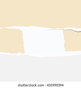 Torn white, brown paper pieces are stuck on lined diagonal background