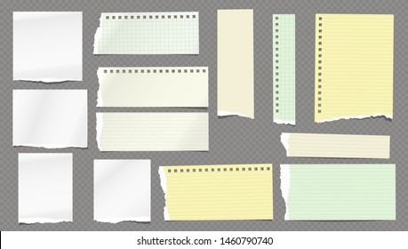 Torn white and colorful note, notebook lined and blank paper pieces stuck on dark squared background. Vector illustration