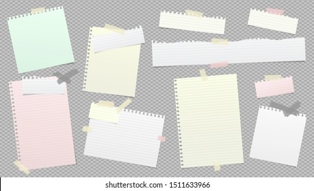 Torn white and colorful note, notebook paper strips stuck with sticky tape on dark grey background. Vector illustration