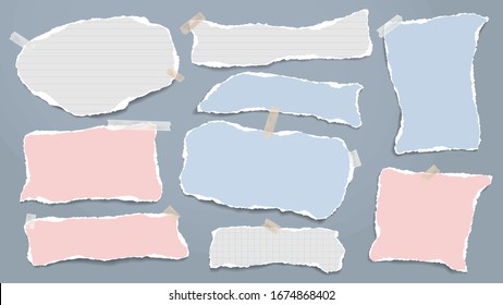 Torn white and colorful note, notebook paper strips, pieces stuck with sticky tape on blue background. Vector illustration