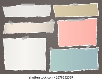 Torn of white and colorful note, notebook paper strips, pieces stuck with sticky tape on brown background. Vector illustration