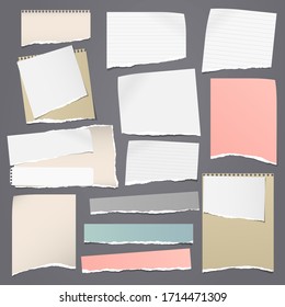 Torn of white and colorful note, notebook paper strips, pieces stuck on black background. Vector illustration