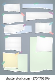 Torn white and colorful note, notebook paper strips and pieces stuck on dark blue background. Vector illustration