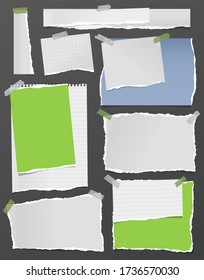 Torn white and colorful note, notebook paper strips and pieces stuck on black background. Vector illustration